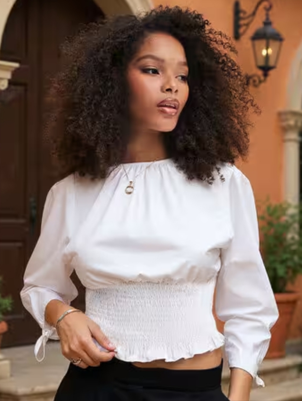 White Smocked Waist Cropped Long Sleeve Peasant Blouse S